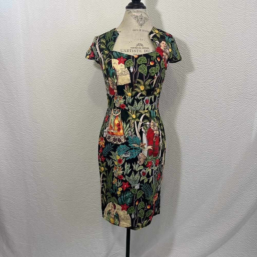 GRACE KARIN Frida Kahlo 50s Styled Cap Sleeve Pencil Wiggle Sweetheart Dress M - Picture 3 of 12